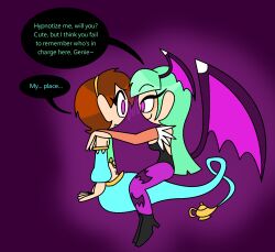  aura bellmo_(bellmothegreat) breasts brown_hair capcom darkstalkers dialogue english_text eye_color_change femdom floating genie green_hair high_heels hypnoscream hypnotic_eyes hypnotic_magic levitation long_hair magic malesub midriff morrigan_aensland navel original purple_eyes short_hair sitting sitting_on_lap smile speech_bubble story succubus text wings 