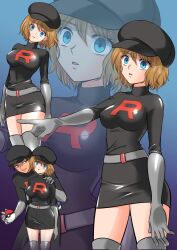  bangs belt blue_background blue_eyes boots breasts brown_hair dazed dress empty_eyes enemy_conversion expressionless femsub gloves gradient_background hat looking_at_viewer maledom maskmaya1 multiple_views nintendo open_mouth pokeball pokemon serena short_hair standing team_rocket team_rocket_grunt thigh_boots thighhighs 