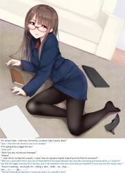 aware blush brown_hair business_suit caption caption_only consensual feet femsub glasses high_heels legs long_hair maledom manip masamuuu office_lady open_mouth pantyhose text trigger wholesome