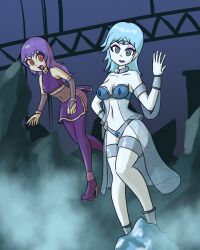 alternate_color_scheme alternate_costume arm_warmers aware bare_legs bare_shoulders blue_eyes blue_hair blue_lipstick bracelet breasts choker cleavage clothed eye_color_change eyeshadow female_only femdom femsub glaesheer_(lunar-worx) hair_color_change hand_on_hip high_heels lipstick looking_at_viewer makeup midriff mythkaz navel original pale_skin posing possession purple_hair purple_lipstick red_eyes scadia_(lunar-worx) witch