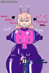ass bodysuit breasts bulge bunny_ears female_only femsub futa_only futanari futasub happy_trance huge_breasts kiki_(usakiki) latex long_hair meat_corp null_bulge original pink_hair red_eyes rubber smile spiral_eyes standing symbol_in_eyes text thick_thighs uniform usakiki