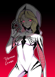  absurdres alternate_costume blonde_hair bodysuit breasts claws corruption costume empty_eyes eyeshadow female_only glowing_eyes gwen_stacy hood ldl_(artist) long_nails looking_at_viewer marvel_comics navel piercing pink_eyes short_hair simple_background small_breasts smile solo spider-gwen spider-man_(series) symbiote symbol text venom_(marvel) 