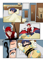 akane_tendo angry awakening bat_wings bed bedroom blue_hair bondage brown_eyes closed_eyes clothed comic curvy d-zen_(vanillahypnotist) demon demon_boy dialogue elf_ears gag horns incubus lying navel omi48 original pajamas ranma_1/2 red_hair short_hair sleeping smile standing tagme tentacles text wings yellow_eyes