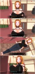  3d absurdres bottomless breasts brown_hair comic custom_maid_3d_2 dialogue empty_eyes expressionless eyeshadow female_only femsub hard_translated huge_breasts kamen_writer_mc lipstick makeup nipple_piercing nipples nude purple_lipstick rika_(made_to_order) text topless 