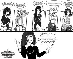 absurdres bang_dream breasts character_request denial dialogue female_only femdom femsub greyscale idpet jade_(idpet) large_breasts long_hair monochrome original stage_hypnosis text