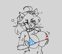  ahoge animal_ears bikini bimbofication breast_press collar drool fangs femsub flag_bikini furry grey_background happy_trance large_breasts navel open_mouth original short_hair simple_background spiral spiral_eyes woot 