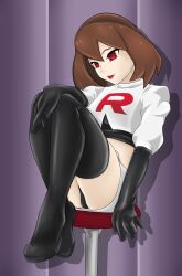 absurdres boots brown_hair bzurrrf corruption crop_top enemy_conversion female_only femsub gloves latex lipstick makeup may midriff nintendo panties pokemon pokemon_ruby_sapphire_and_emerald red_eyes red_lipstick shirt short_hair short_skirt sitting skirt smile solo team_rocket thigh_boots thighhighs underwear uniform