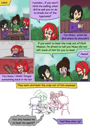  black_hair brown_hair cape comic dark_master_(mythkaz) dark_skin defeated dialogue food fuiwa_marbels headphones humiliation humor muse_(mythkaz) mythkaz original purple_hair red_eyes red_hair rika_(richos_femsona) short_hair sketch text tied_hair top_hat violence 