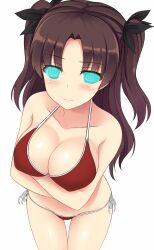 bikini blush breasts brown_hair cleavage fate/grand_order fate_(series) female_only glowing glowing_eyes icontrol_(manipper) large_breasts long_hair manip mizunashi_kenichi rin_tohsaka solo spiral_eyes swimsuit symbol_in_eyes twintails white_background