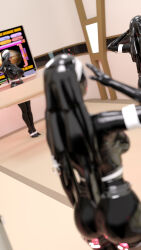 3d arm_bands ass belt blindfold bodysuit boots breasts corset drone expressionless female_only femsub garter garter_straps gloves harness high_heels kui_(artist) lipstick mask monitor multiple_girls multiple_subs nun original red_lipstick rubber saluting standing standing_at_attention tech_control