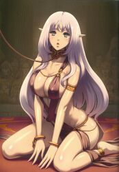  anklet arm_bands barefoot bellchan_(manipper) blush bracelet breasts character_request cleavage collar elf elf_ears empty_eyes erect_nipples feet green_eyes harem_outfit jewelry kneeling large_breasts leash manip open_mouth pink_hair queens_blade tears very_long_hair 