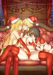  absurdres alice_(er-ikaa) black_hair blonde_hair blue_eyes breast_sucking breasts cassie_(keeperika) christmas cigarcat complex_background couch drool empty_eyes erika_(er-ikaa) female_only femsub fingering gloves huge_breasts kissing long_hair mistletoe multiple_girls multiple_subs navel_piercing open_mouth opera_gloves original red_eyes santa_hat short_hair sideboob sitting small_breasts spit_trail spread_legs sub_on_sub text thighhighs tongue yuri 