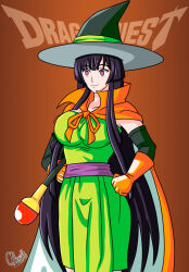 alerith alternate_costume black_hair breasts code_geass cosplay crossover dragon_quest_(series) dragon_quest_iii empty_eyes english_text female_only femsub gloves hand_on_hip happy_trance hat large_breasts orange_eyes sakuya_sumeragi smile solo square_enix text very_long_hair witch_hat