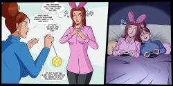 cozification dazed dialogue english_text female_only femdom femsub happy_trance holly_the_dolly_(hollydolly) huge_breasts humor long_hair multiple_girls original polmanning red_hair single_hair_bun smile speech_bubble svetta_(svettak92) text undressing wholesome