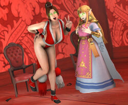 3d a_link_between_worlds absurdres ahegao bare_legs blonde_hair breasts brown_hair chains cleavage elf elf_ears femsub glowing glowing_eyes green_eyes king_of_fighters large_breasts legs mai_shiranui nintendo open_mouth possession princess princess_zelda supercasket the_legend_of_zelda tongue tongue_out