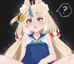  ahoge animal_ears aware blonde_hair blue_eyes blush confused female_only femsub long_hair lucien_000298 navel pendulum sameko_saba small_breasts solo speech_bubble spiral_eyes sweat tagme tail thighs twintails virtual_youtuber 