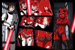 abs artist_request ass brown_eyes brown_hair cleavage comic darth_talon erect_nipples large_breasts lightsaber navel opera_gloves orange_eyes short_hair simple_background star_wars star_wars:_knights_of_the_old_republic stormtrooper tattoo tentacles thighhighs transformation transgender twi&#039;lek twintails 