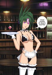  absurdres altered_perception bow breasts cleavage female_only femsub gloves glowing glowing_eyes green_hair happy_trance hard_translated jimryu jun_tao looking_at_viewer maid open_mouth pink_eyes shaman_king solo talisman text thighhighs thong translated tray waitress 