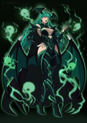  alternate_costume aura black_background black_lipstick black_nail_polish breasts capcom clothed corruption darkstalkers eyeshadow female_only femsub green_eyes green_hair hela high_heels large_breasts lipstick long_hair looking_at_viewer makeup marvel_comics morrigan_aensland nail_polish simple_background skull succubus super_hero thighhighs victoriamikoto wings 