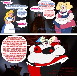 absurdres alice alice_in_wonderland blonde_hair blue_eyes comic dc_comics disney dress english_text fat female_only femsub giantess growth hairband hand_on_hip harley_quinn hypnotic_food jm0364 midriff navel open_mouth pale_skin queen_of_hearts speech_bubble text transformation twintails weight_gain western