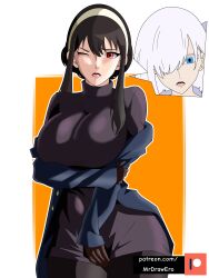  alternate_costume black_hair blue_eyes breasts clothed female_only femdom femsub fiona_frost hair_covering_one_eye large_breasts milf mrdraman one_eye_open possession red_eyes spy_x_family white_hair yor_briar 