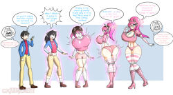  alternate_hairstyle ass ass_expansion before_and_after bimbofication black_hair blue_eyes breast_expansion breasts cat_ears cleavage crystal doll_joints huge_ass huge_breasts large_hips long_hair luxy_(thegxjudgement) original panties pink_hair ponytail seductive_smile short_hair symbol_in_eyes text thegxjudgement thighhighs transformation transgender underboob underwear wink 