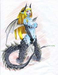 black_sclera blonde_hair blue_skin blush bottomless breast_expansion breasts class-change demon_girl drool elf_ears femsub horns kneeling large_breasts long_hair masturbation monster_girl nude open_mouth original slit_pupils tongue tongue_out topless traditional wings