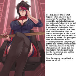 alternate_costume alternate_hairstyle aqua_eyes black_hair blue_eyes bra breasts caption caption_only chair cleavage crossed_legs female_only femdom fiora_(league_of_legends) glasses huge_breasts kuma_x large_breasts league_of_legends legs looking_at_viewer male_pov manip multicolored_hair necklace pink_hair pov pov_sub red_hair scarf sitting stroke_(manipper) suit teacher teacher_dom text thighhighs underwear