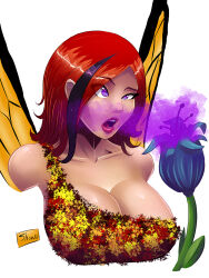 breasts cleavage dazed fairy female_only femsub flower hypnotic_flower hypnotic_gas hypnotic_plant large_breasts multicolored_hair open_mouth original pheromones purple_eyes purple_hair red_hair shono simple_background wings