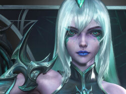 alternate_costume blue_lipstick body_markings breasts coast_leather control_indicator crossover crown expressionless eye_color_change facial_markings femsub green_eyes green_hair hair_color_change large_breasts league_of_legends lipstick makeup multicolored_hair nier_automata possession ruination square_enix very_long_hair viego_(league_of_legends) white_hair yorha_type_a_no._2