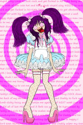  choker crossdressing dress erection_under_clothes fangs feminization fishnets happy_trance high_heels hypnoholic_(manipper) luckyluckyluckypenny malesub manip open_mouth panties pink_background pink_eyes precum purple_hair sissy smile spiral_background spiralwash_eyes text tongue_out tutu 