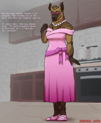  agnikka_sato before_and_after claws dialogue domestication dress female_only femsub furry housewife hyena_girl instant_loss kitchen looking_at_viewer necklace pink_eyes pov pov_dom ring_eyes shoes smile solo spiral_eyes standing stepfordization text 