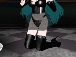 3d boots cleavage corset cyan_hair fingerless_gloves flamekin ghost_girl gothification high_heels large_breasts leather long_hair panties possession skirt transformation transgender