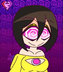  aged_up alternate_costume bare_shoulders brown_hair cleavage_cutout collarbone eyebrows_visible_through_hair eyeshadow femsub happy_trance hood hypnoscream jewelry large_breasts little_nightmares pink_eyes pov_dom shiny_hair short_hair six smile solo spiral_background spiralwash_eyes 