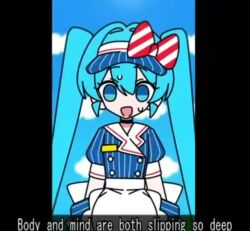 32ki animated black_eyes blue_eyes blue_hair clothed expressionless female_only femsub limp long_hair looking_at_viewer miku_hatsune ring_eyes screencast subtitled swaying sweat tagme twintails video vocaloid