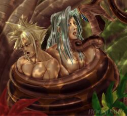  blonde_hair chin_hold cloud_strife coils dazed disney final_fantasy final_fantasy_vii hypnotic_eyes jdashe kaa kaa_eyes long_hair male_only maledom malesub multiple_boys multiple_subs open_mouth outdoors sephiroth silver_hair snake the_jungle_book topless yaoi 