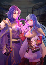 1boy 1girl aqua_hair armor book boots breastplate capelet circlet cloak corruption dark_persona eirika_(fire_emblem) fire_emblem fire_emblem:_the_sacred_stones fire_emblem_heroes hair_between_eyes highres holding holding_book long_sleeves lyon_(fire_emblem) magic nintendo pooh920 possession purple_hair red_eyes riou_(pooh920) shoulder_armor sidelocks skirt smile thigh_boots thighhighs white_skirt