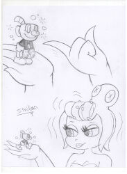  absurdres breasts cala_maria cephalopod comic cuphead femdom giantess greyscale happy_trance hypnotized_walking malesub miniboy mugman octopus ring_eyes sav8197 siren size_difference smile traditional 