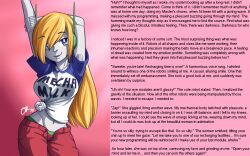 antenna blonde_hair blue_eyes breasts caption cave_story curly_brace femdom grey_skin happy_trance large_breasts long_hair looking_at_viewer manip open_clothes overlordmiles_(manipper) pov pov_sub robot text trilby_girl