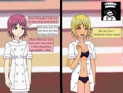  before_and_after bimbofication blonde_hair blush breast_expansion breasts chef_uniform dialogue drool empty_eyes female_only femsub food_wars! happy_trance hisako_arato httpwwwcom large_breasts open_clothes open_mouth pink_hair short_hair smile text underwear 