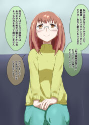 brown_eyes brown_hair dialogue glasses harumi_kumashiro na_shacho planet_with sitting sweater text translated