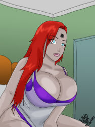  absurdres bare_shoulders blue_eyes breasts brenda_(nominddetected) cleavage collarbone expressionless female_only femsub glowing_eyes huge_breasts indifferent large_hips long_hair nominddetected orange_hair original pink_lipstick pov pov_dom sitting solo tech_control tomboy unaware watermark 