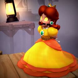  3d animated animated_gif ball_gag bondage breasts brown_hair clothed crown drool earrings female_only femsub gag gloves glowing glowing_eyes jewelry nintendo onmodel3d princess princess_daisy spiral_eyes super_mario_bros. symbol_in_eyes 