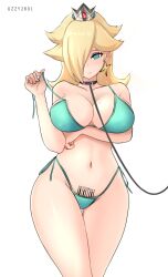  barcode bikini blonde_hair blue_eyes breast_press collar crotch_tattoo crown earrings empty_eyes expressionless female_only femsub hair_covering_one_eye large_breasts leash looking_at_viewer manip midriff mole navel nintendo princess princess_rosalina sarahypno_(manipper) simple_background super_mario_bros. uzzy2801 white_background 