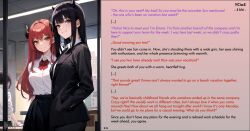 ai_art black_hair demon demon_girl dittouh_(generator) femdom horns long_hair male_pov malesub office office_lady orange_eyes pov purple_eyes red_hair story succubus yellow_eyes