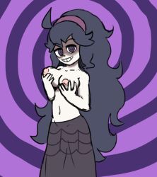  breasts evil_smile female_only femdom headband hex_maniac holding_breasts large_breasts latex long_hair navel nintendo pokemon pokemon_x_and_y purple_eyes purple_hair skirt smile solo spiral spiral_eyes symbol_in_eyes topless 