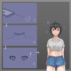  absurdres black_hair breasts collar comic everes_(zires) expressionless female_only femsub hypnotic_accessory navel original red_eyes short_hair shorts solo tech_control thighs zi-tech_(zires) zires 