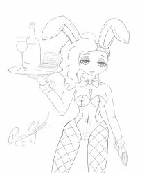  absurdres bunny_ears bunnysuit cleavage collar cuffs fake_animal_ears female_only femsub fishnets gloves greyscale happy_trance heart heart_eyes looking_at_viewer original sidecut sketch solo symbol_in_eyes tray violet_(violetriot) waitress yuu-chan 