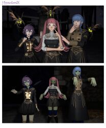 3d before_and_after bernadetta_von_varley black_sclera blue_hair female_only femsub fire_emblem fire_emblem_three_houses green_skin hilda_valentine_goneril hypnolordx insect marianne_von_edmund military_uniform multiple_girls pink_hair purple_hair school_uniform transformation zombie zombie_walk