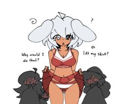  ahoge blush breasts bunny_ears bunny_girl cheerleader collarbone female_only femsub flick_(woot) hair_ornament heterochromia navel open_mouth original panties short_hair simple_background skirt skirt_lift spiral_eyes tank_top text unaware wet_clothes white_background white_hair woot 